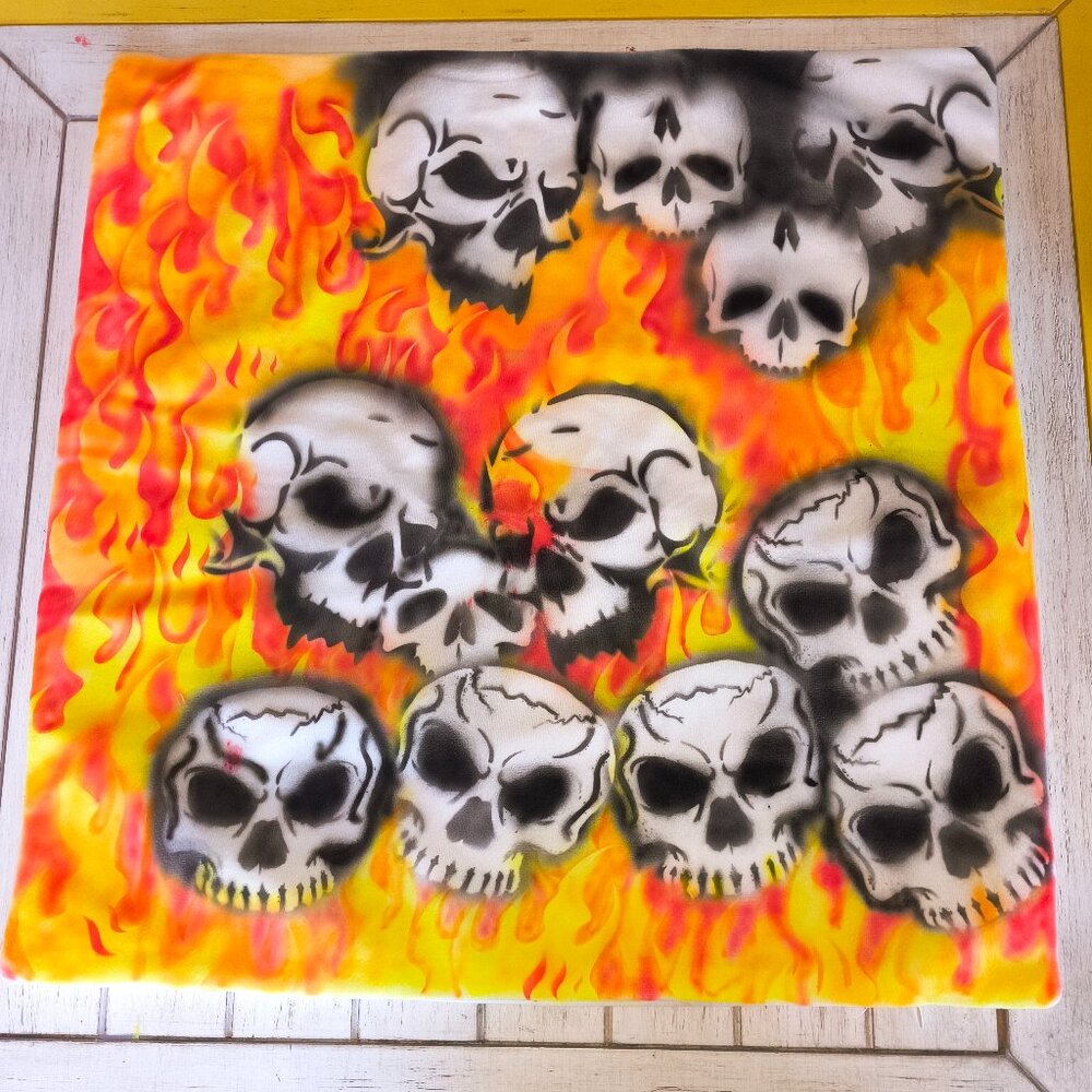 Airbrushed and hand-painted gothic, skulls and fire themed microfiber pillowcase